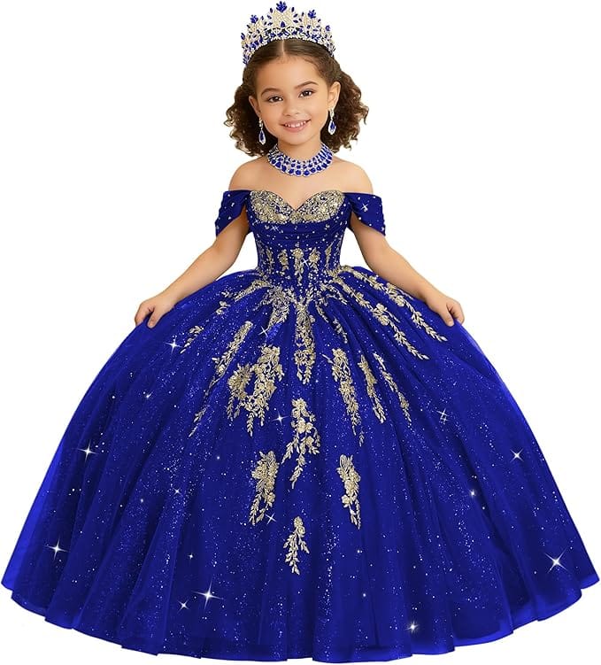 Royal Blue / 18m Sunnypetal Luxury Off-Shoulder Gold Lace Applique Princess Flower Girl Ball Gown Dress
