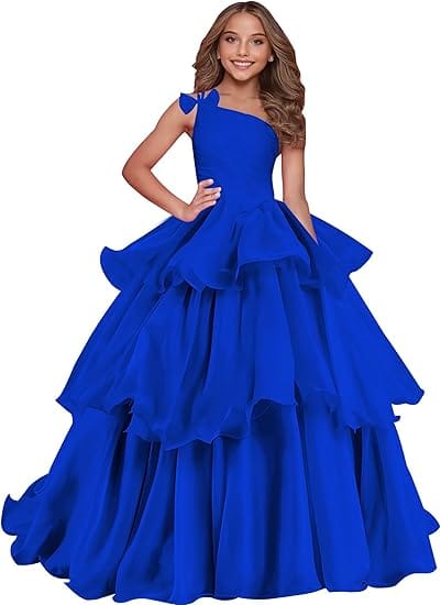 Royal Blue / 18m Sunnypetal Luxury One-Shoulder Puffy Organza Flower Girl Dress Princess Pageant Gown