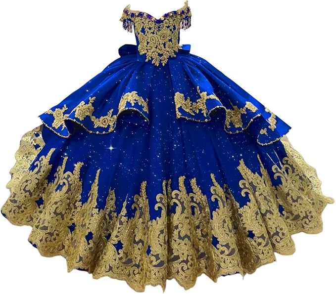 Royal Blue / 18m Sunnypetal Luxury Royal Blue Off-Shoulder Ball Gown Flower Girl Dress with Gold Embroidery