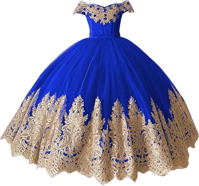 Royal Blue / 18m Sunnypetal Off-Shoulder Gold Lace Beaded Puffy Tulle Flower Girl Gown for Special Occasions