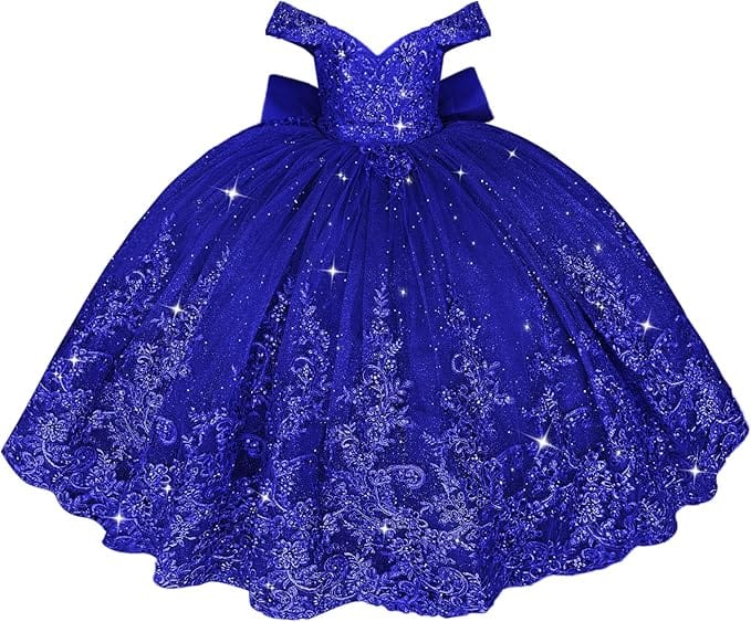 Royal Blue / 18m Sunnypetal Off Shoulder Sweetheart Lace Tulle Flower Girl Pageant Dress with Bow