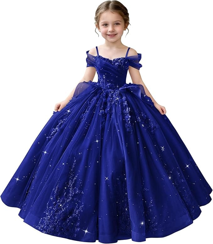 Royal Blue / 18m Sunnypetal Off-Shoulderl 3D Lace Appliqué Tiered Ruffle Flower Girl Dress for Pageant