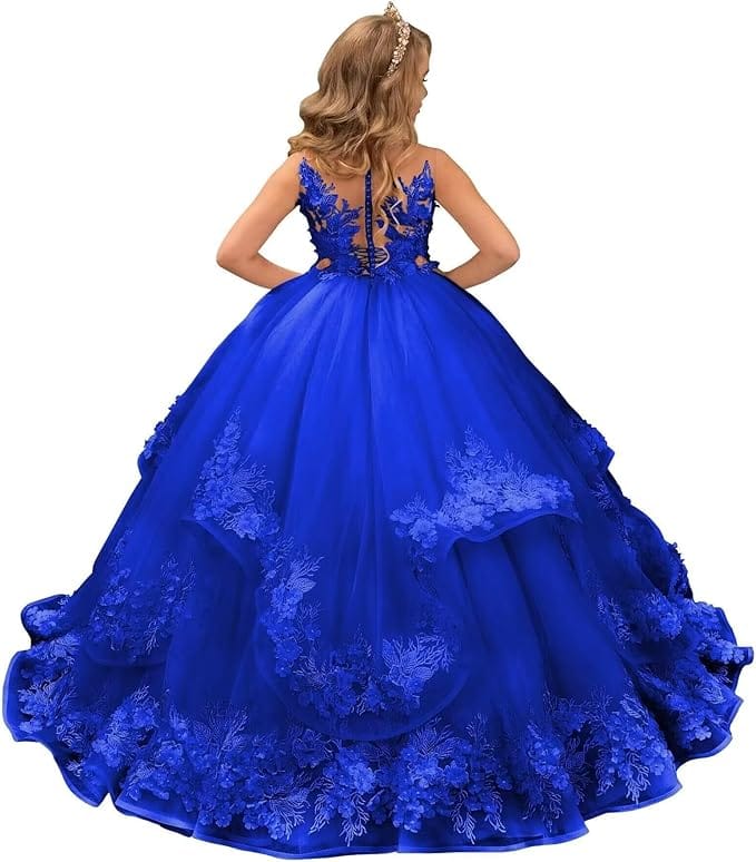 Royal Blue / 18m Sunnypetal Pink Lace Appliques Floral Flower Girl Dresses Birthday Party Princess Dresss