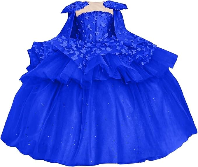 Royal Blue / 18m Sunnypetal Princess Pink Tulle Ball Gown Flower Girl Dress with Butterfly Appliqués and Cape