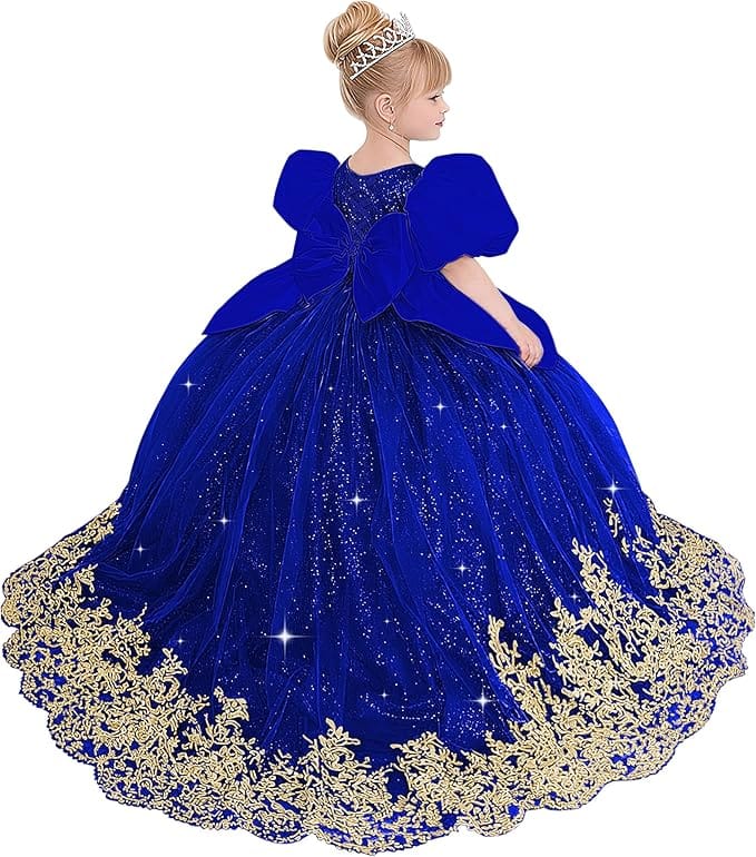 Royal Blue / 18m Sunnypetal Princess Sky Blue Tulle Lace Flower Girl Dress with Bow and Puff Sleeves