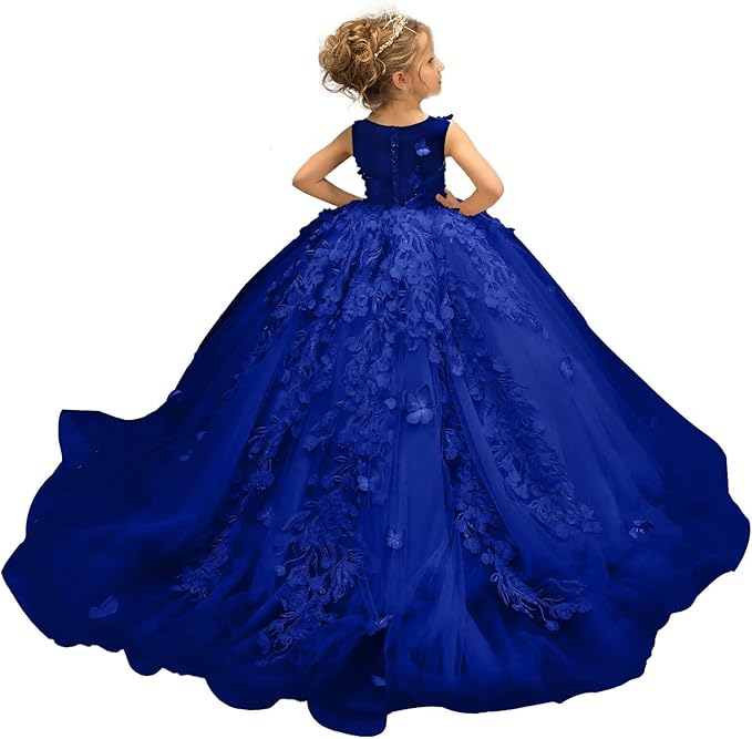 Royal Blue / 18m Sunnypetal Puffy Tulle Flower Girl Dress Appliques 3D Butterfly Pageant Party Princess Dresses