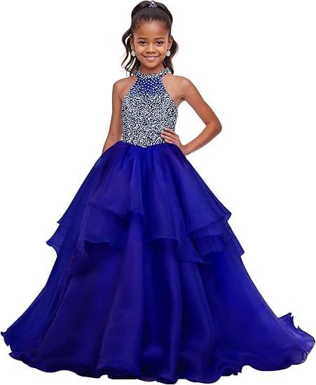 Royal Blue / 18m Sunnypetal Sparkling High Neck Ball Gown Flower Girl Dress with Beaded Bodice