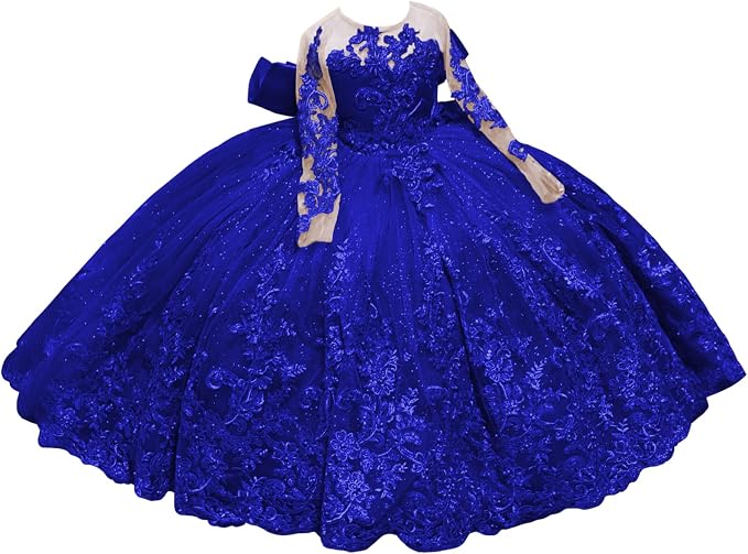 Royal Blue / 18m Sunnypetal Sparkling Long Sleeve Lace Tulle Flower Girl Dress with Glitter Appliqué &amp; Bow
