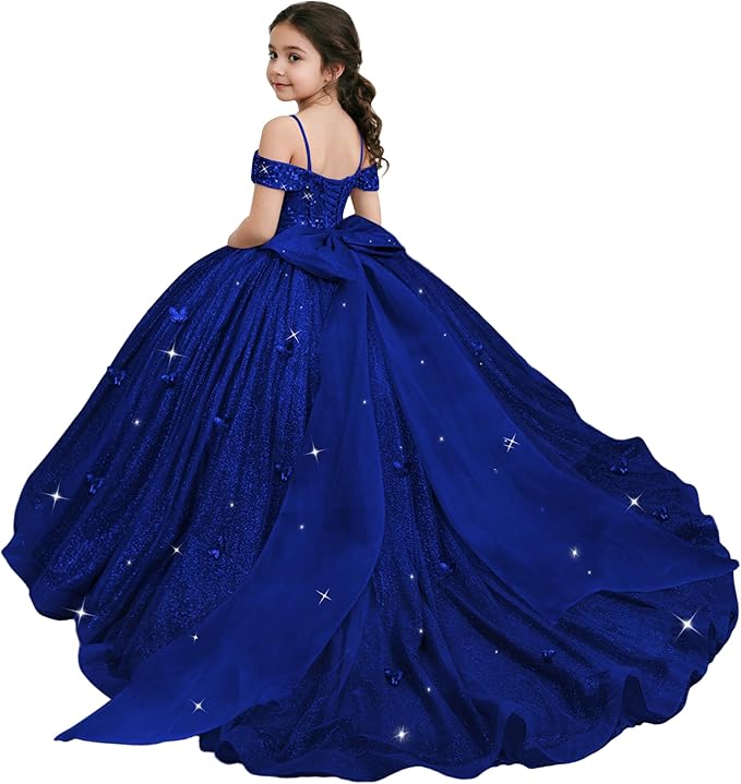 Royal Blue / 18m Sunnypetal Sparkling Off-Shoulder Glitter Tulle Flower Girl Dress with Oversized Bow