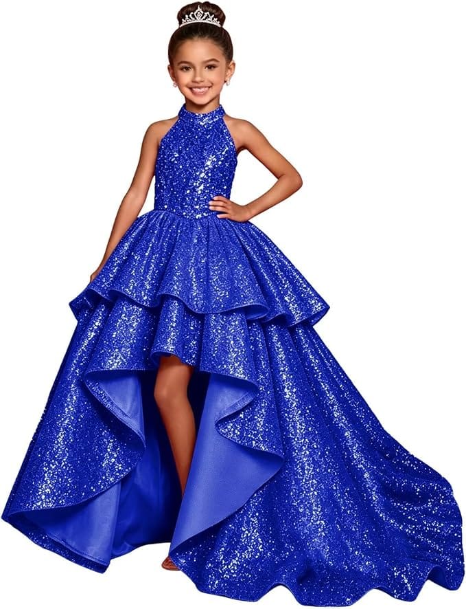 Royal Blue / 18m Sunnypetal Sparkly Sequin Halter High Low Flower Girl Dress Pageant Gown