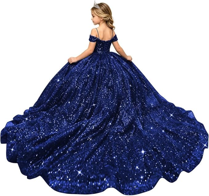 Royal Blue / 18m Sunnypetal Sparkly Sequin Off-Shoulder Princess Ball Gown Flower Girl Dress for Pageant