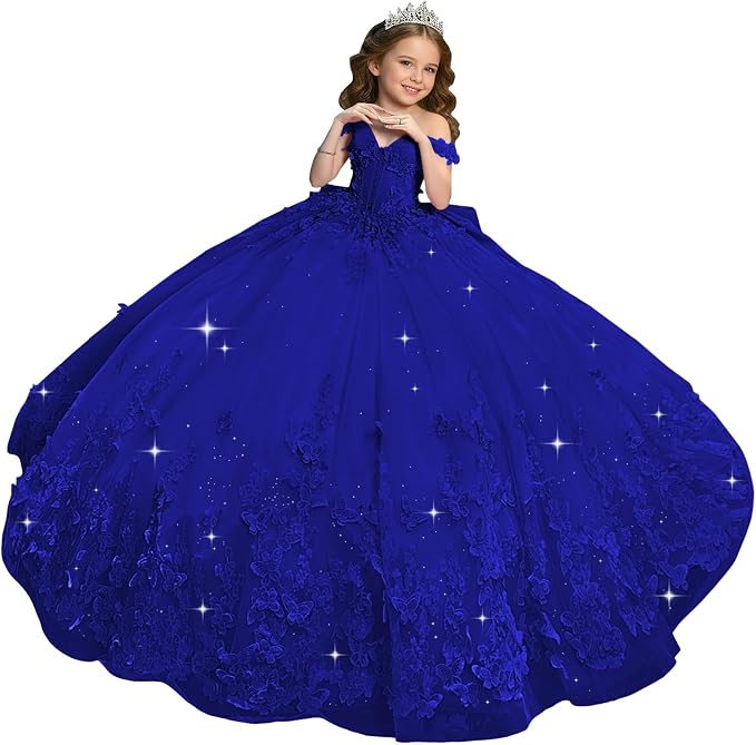 Royal Blue / 18m Sunnypetal Sweetheart Neck 3D Butterfly Tulle Flower Girl Dress with Big Bow