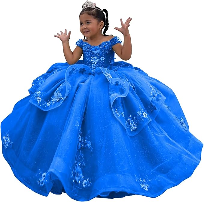 Royal Blue / 3m Sunnypetal Enchanted Sage Green Tulle Ball Gown Flower Girl Dress with Floral Appliqués