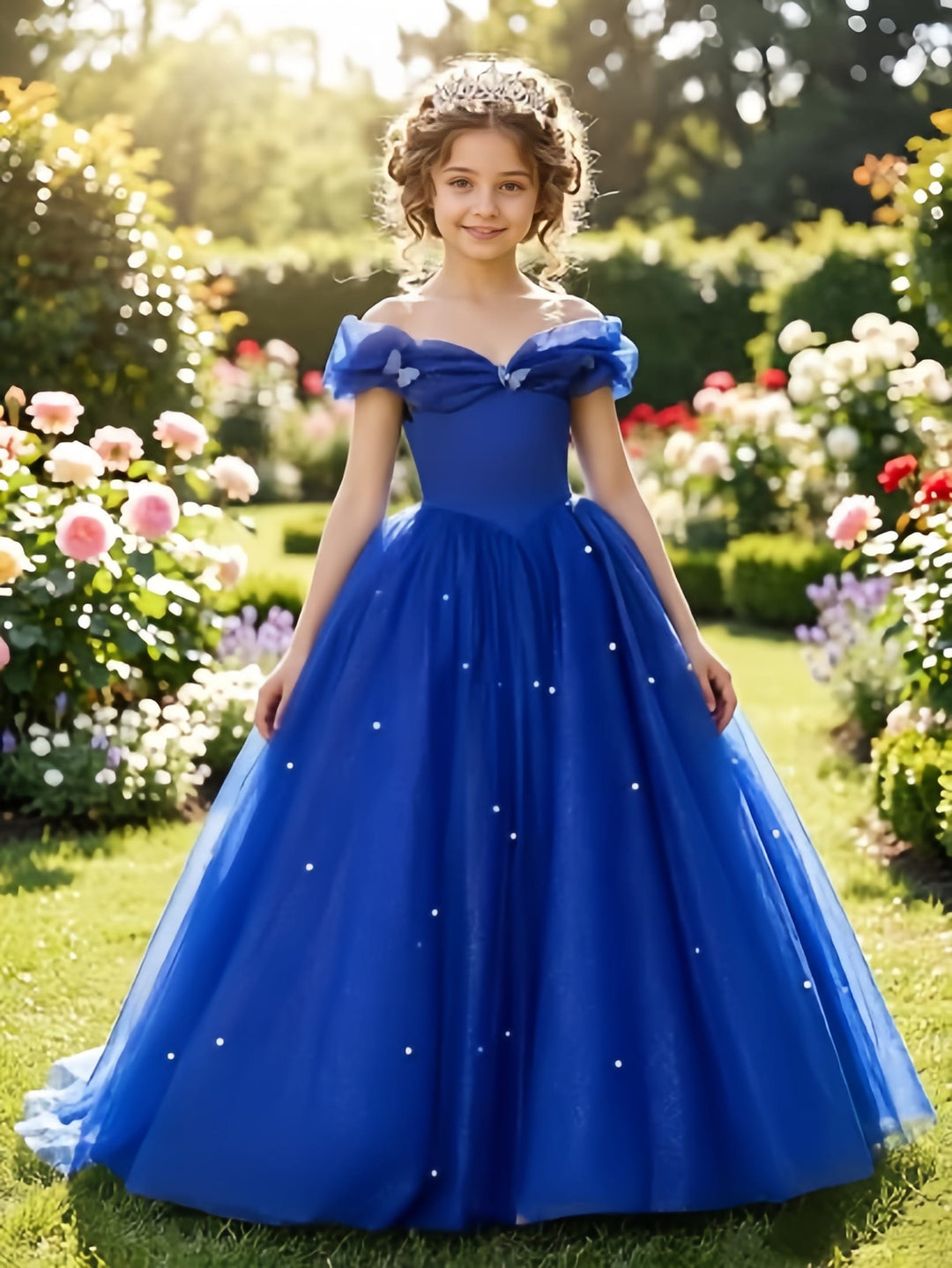 Royal Blue / 3m Sunnypetal Exquisite Off-Shoulder Tulle Flower Girl Dress for Special Occasions
