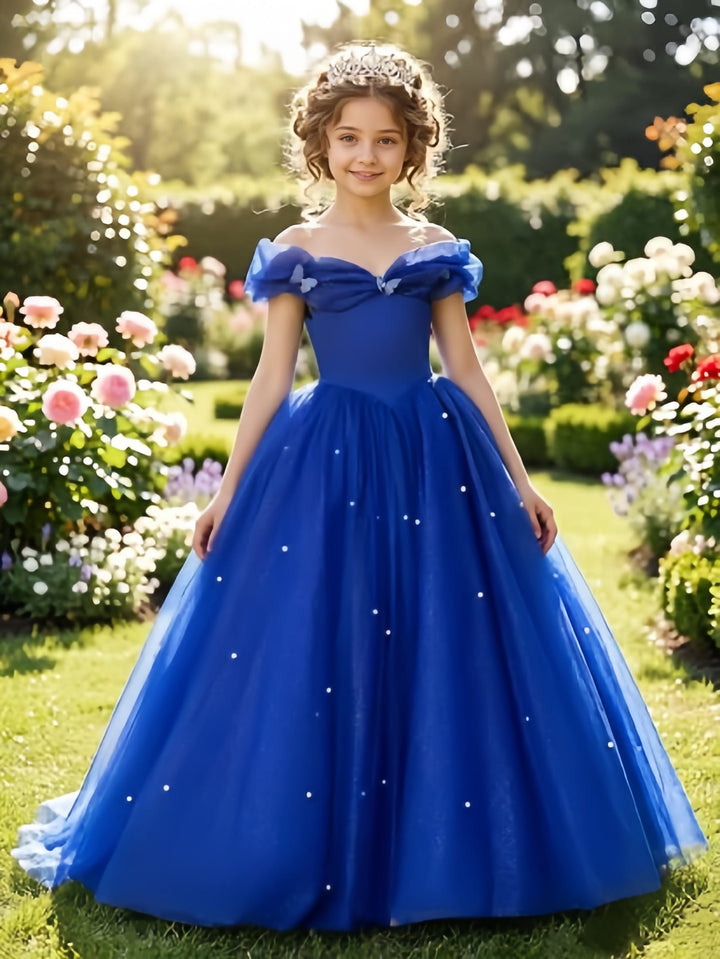 Royal Blue / 3m Sunnypetal Exquisite Off-Shoulder Tulle Flower Girl Dress for Special Occasions