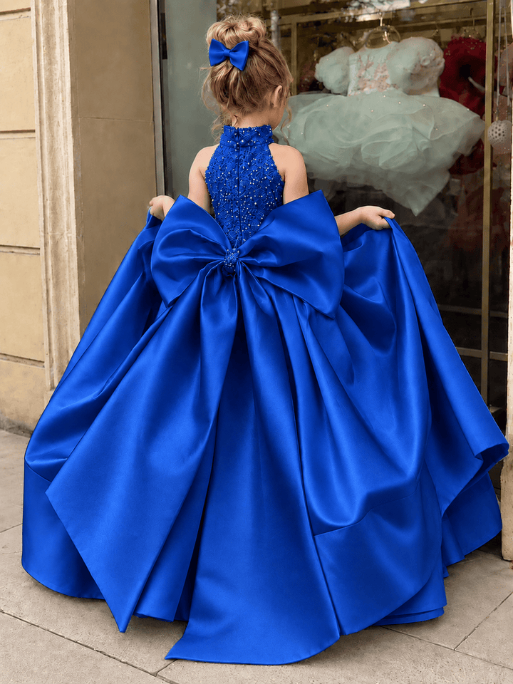 Royal Blue / 3m Sunnypetal Luxury Ivory Satin Flower Girl Dress with Embellished Bodice &amp; Oversized Bow