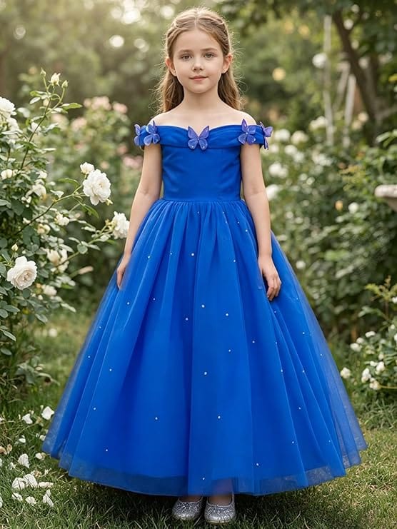 Royal Blue / 3m Sunnypetal Off-Shoulder Ankle-Length Tulle Princess Flower Girl Dress with 3D Butterfly