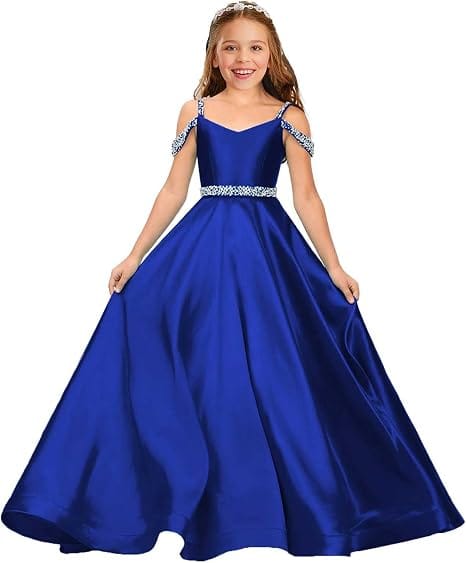 Royal Blue / 9m Sunnypetal Luxury Off-Shoulder Satin Rhinestone Flower Girl Princess Gown