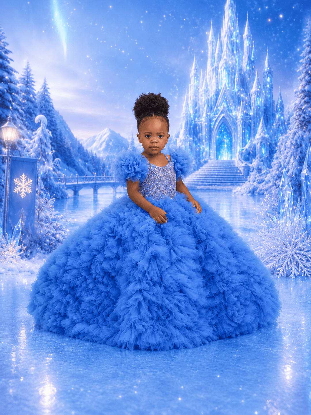 Royal Blue / 9m Sunnypetal Royal Blue Tulle Ball Gown Flower Girl Dress with Floral Details &amp; Puff Sleeves