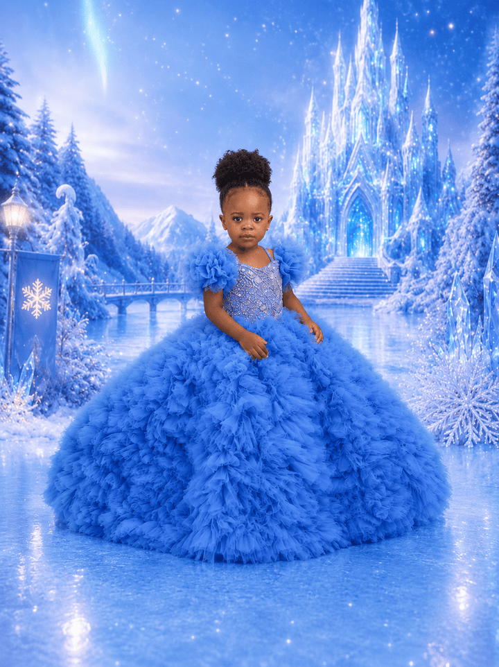 Royal Blue / 9m Sunnypetal Royal Blue Tulle Ball Gown Flower Girl Dress with Floral Details &amp; Puff Sleeves
