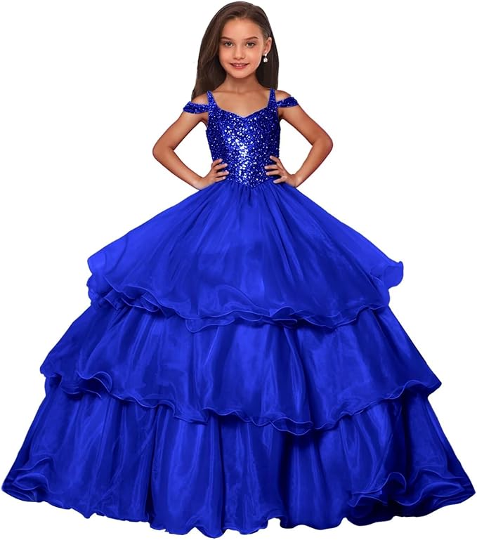 Royal Blue / 9m Sunnypetal Sparkly Sequin Organza Off Shoulder Ball Gown Flower Girl Dress for Pageant