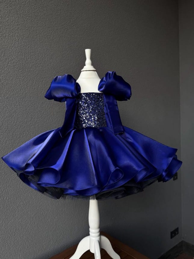 Royal Bule / 3m Sunnypetal Elegant Rose Gold Satin Tulle Princess Flower Girl Dress with Shoulder Bow