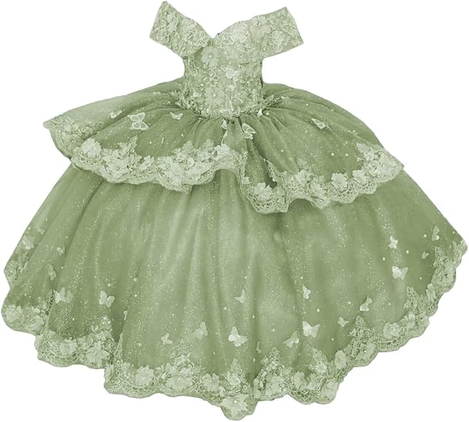 Sage Green / 18m Sunnypeta lEnchanted Blue Sweetheart Tulle Flower Girl Gown with Floral Appliqués