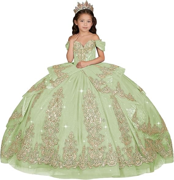 Sage Green / 18m Sunnypetal Elegant Gold Appliqué Off-Shoulder Flower Girl Dress with Tassel Details