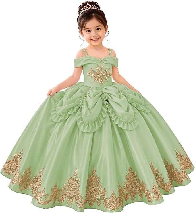 Sage Green / 18m Sunnypetal Elegant Golden Satin Princess Flower Girl Dress with Bow
