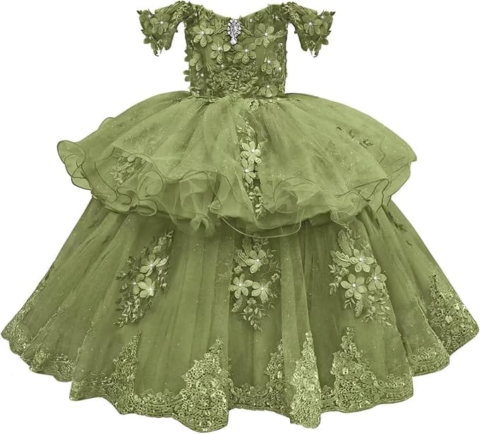 Sage Green / 18m Sunnypetal Elegant Off-Shoulder Tulle Ball Gown Flower Girl Dress with 3D Floral Appliqués