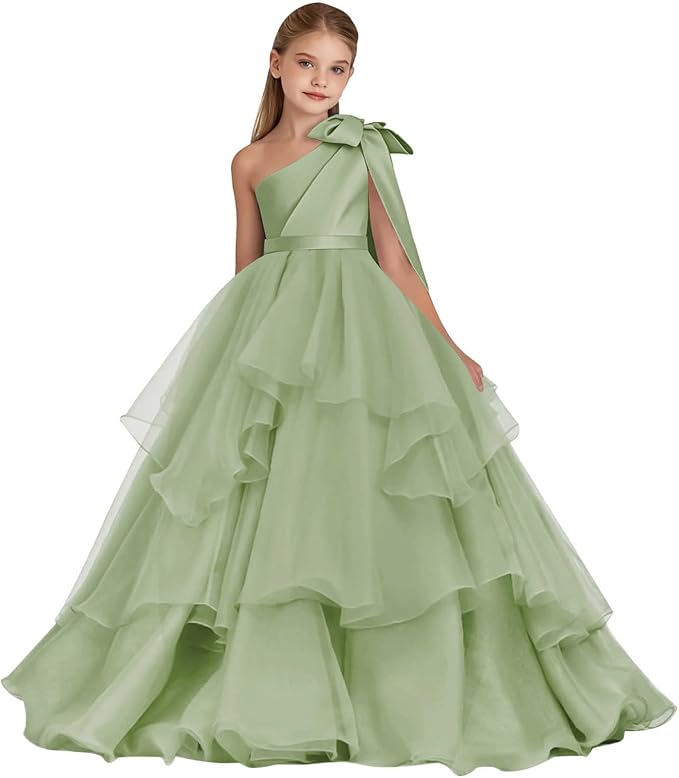 Sage Green / 18m Sunnypetal Elegant One-Shoulder Satin Tulle Flower Girl Pageant Dress for Special Occasions