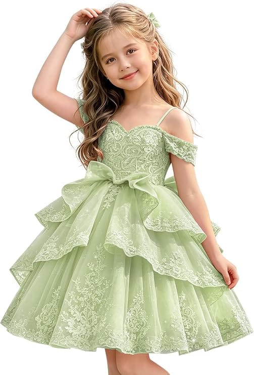 Sage Green / 18m Sunnypetal Elegant Sweetheart Lace Applique Princess Bow Flower Girl Pageant Dress