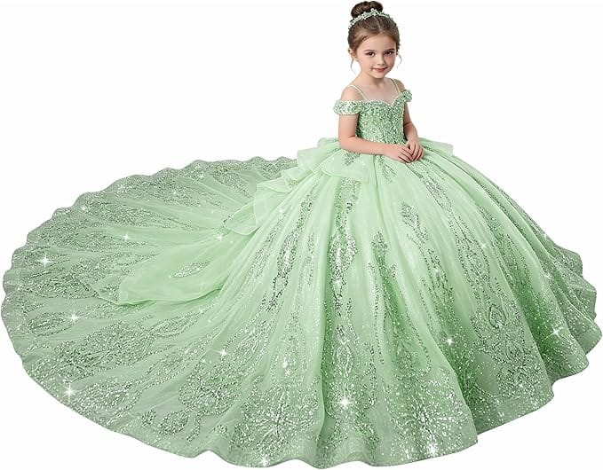 Sage Green / 18m Sunnypetal Enchanted Blue Off-Shoulder Flower Girl Princess Ball Gown with Sparkling Appliqués