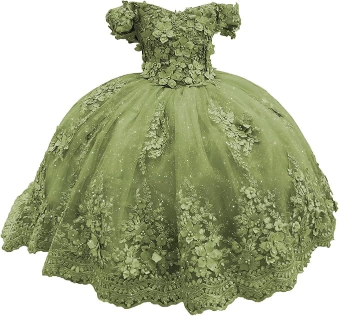 Sage Green / 18m Sunnypetal Enchanted Ice Blue Tulle Ball Gown Flower Girl Dress with 3D Floral Appliqués