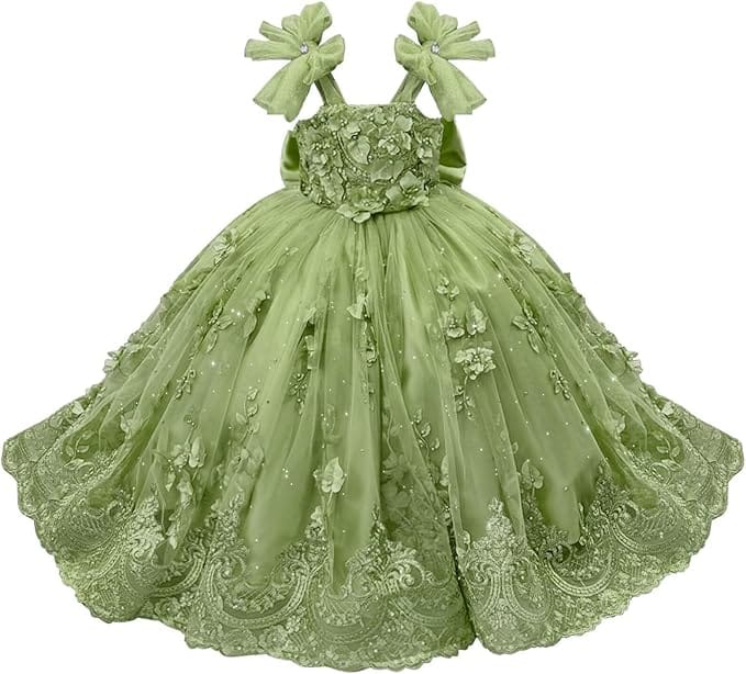 Sage Green / 18m Sunnypetal Enchanted Mint Green Tulle Ball Gown Flower Girl Dress with 3D Floral Appliqués