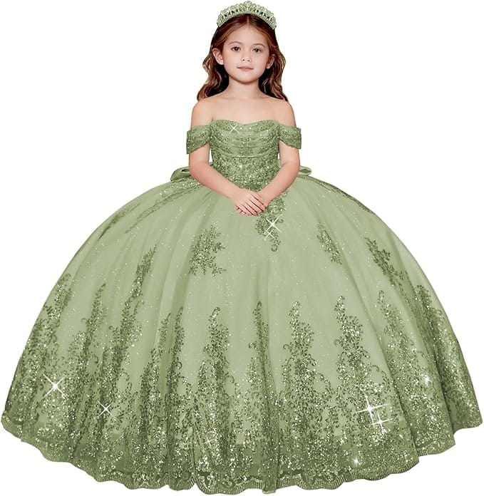 Sage Green / 18m Sunnypetal Enchanted Off-Shoulder Tulle Ball Gown Flower Girl Dress with Lace Appliqués