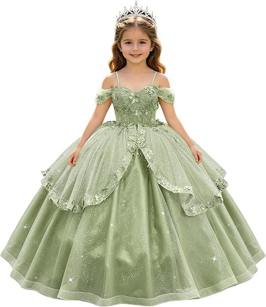 Sage Green / 18m SunnyPetal Enchanted Sage Green Off-Shoulder Lace Appliqué Tulle Flower Girl Gown