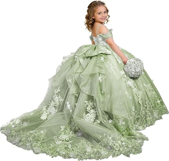 Sage Green / 18m Sunnypetal Exquisite 3D Floral Lace Applique Ruffle Tulle Flower Girl Ball Gown with Bow