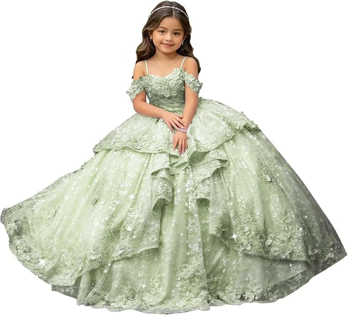 Sage Green / 18m Sunnypetal Exquisite Off-Shoulder 3D Floral Appliqué Pageant Flower Girl Gown