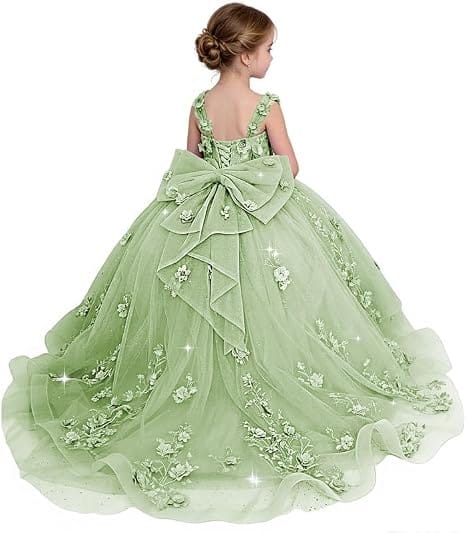 Sage Green / 18m Sunnypetal Exquisite Off-Shoulder 3D Floral Glitter Tulle Ball Gown Flower Girl Dress with Bow