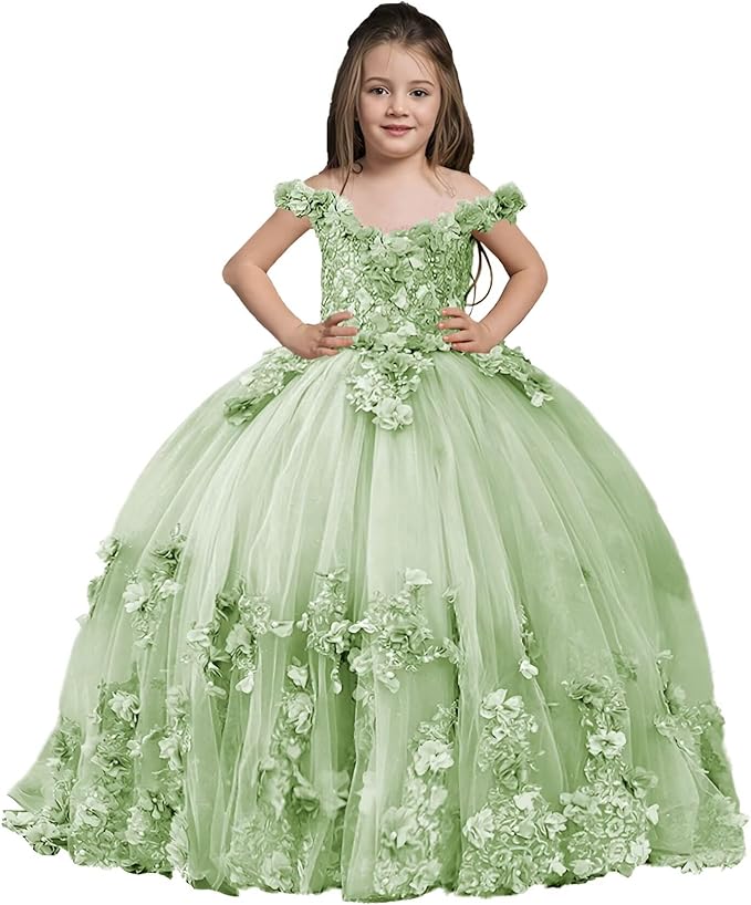Sage Green / 18m Sunnypetal Exquisite Off-Shoulder Tulle 3D Floral Flower Girl Princess Dress with Satin Bow