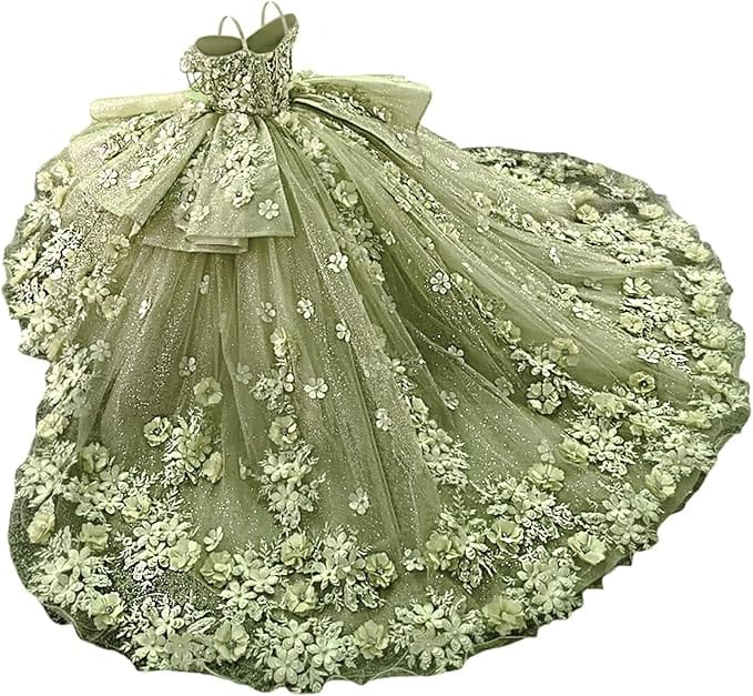 Sage Green / 18m Sunnypetal Exquisite Tulle Off-Shoulder Flower Girl Dress Pageant Gown with 3D Floral Appliqués