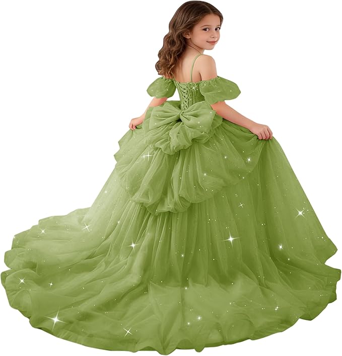 Sage Green / 18m Sunnypetal Girls Spaghetti Strap Glitter Tulle Ball Gown with Lace Appliqués &amp; Bow
