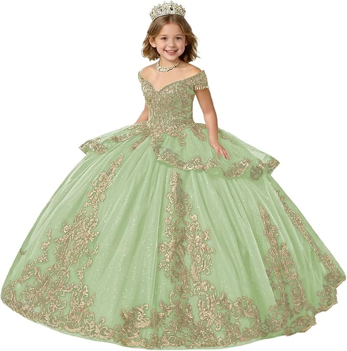 Sage Green / 18m Sunnypetal Gold Applique Off Shoulder Flower Girl Dress with Tassels Crystal &amp; Bow