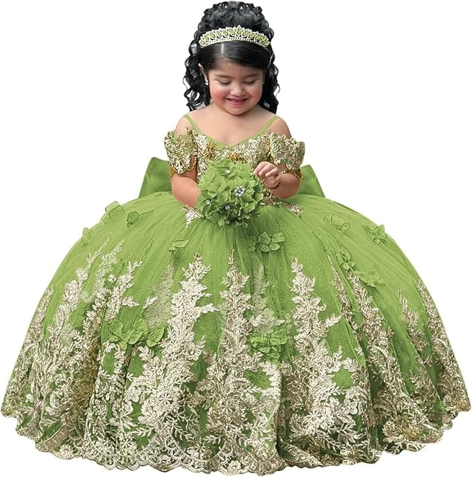 Sage Green / 18m Sunnypetal Gorgeous Gold Appliqués Tulle Flower Girl Ball Gown with Bow and 3D Butterflies
