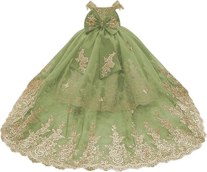 Sage Green / 18m Sunnypetal Gorgeous Off-Shoulder Sweetheart Tulle Flower Girl Dress with Gold Embroidery
