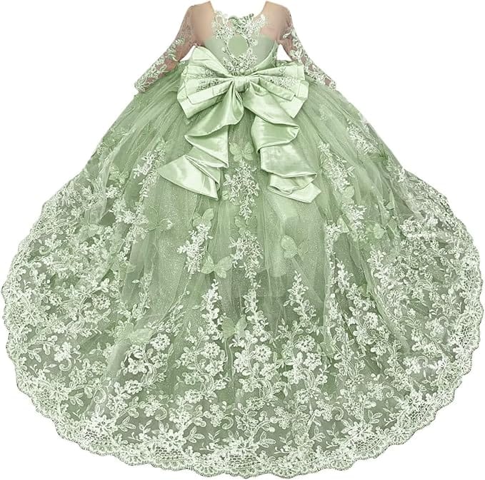 Sage Green / 18m Sunnypetal Lace Long Sleeve Ball Gown Flower Girl Dress with 3D Butterflies and Satin Bow