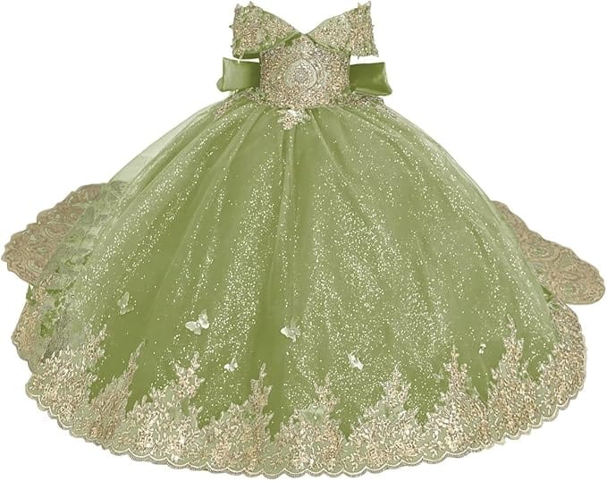 Sage Green / 18m Sunnypetal Luxury Emerald Green Lace Appliqué Tulle Ball Gown Flower Girl Dress with Royal Train