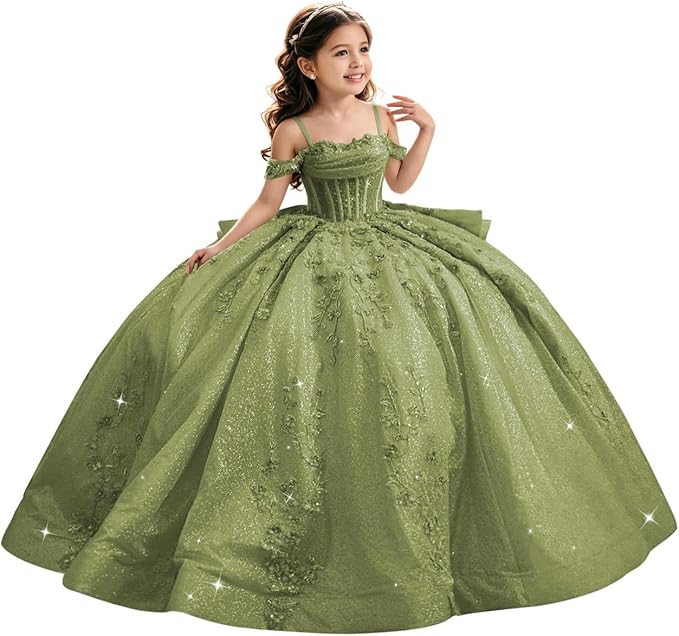 Sage Green / 18m Sunnypetal Luxury Glitter Tulle Off-Shoulder Ball Gown Flower Girl Dress with Train