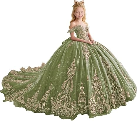 Sage Green / 18m Sunnypetal Luxury Gold Appliqué Glitter Tulle Flower Girl Gown with Oversized Bow